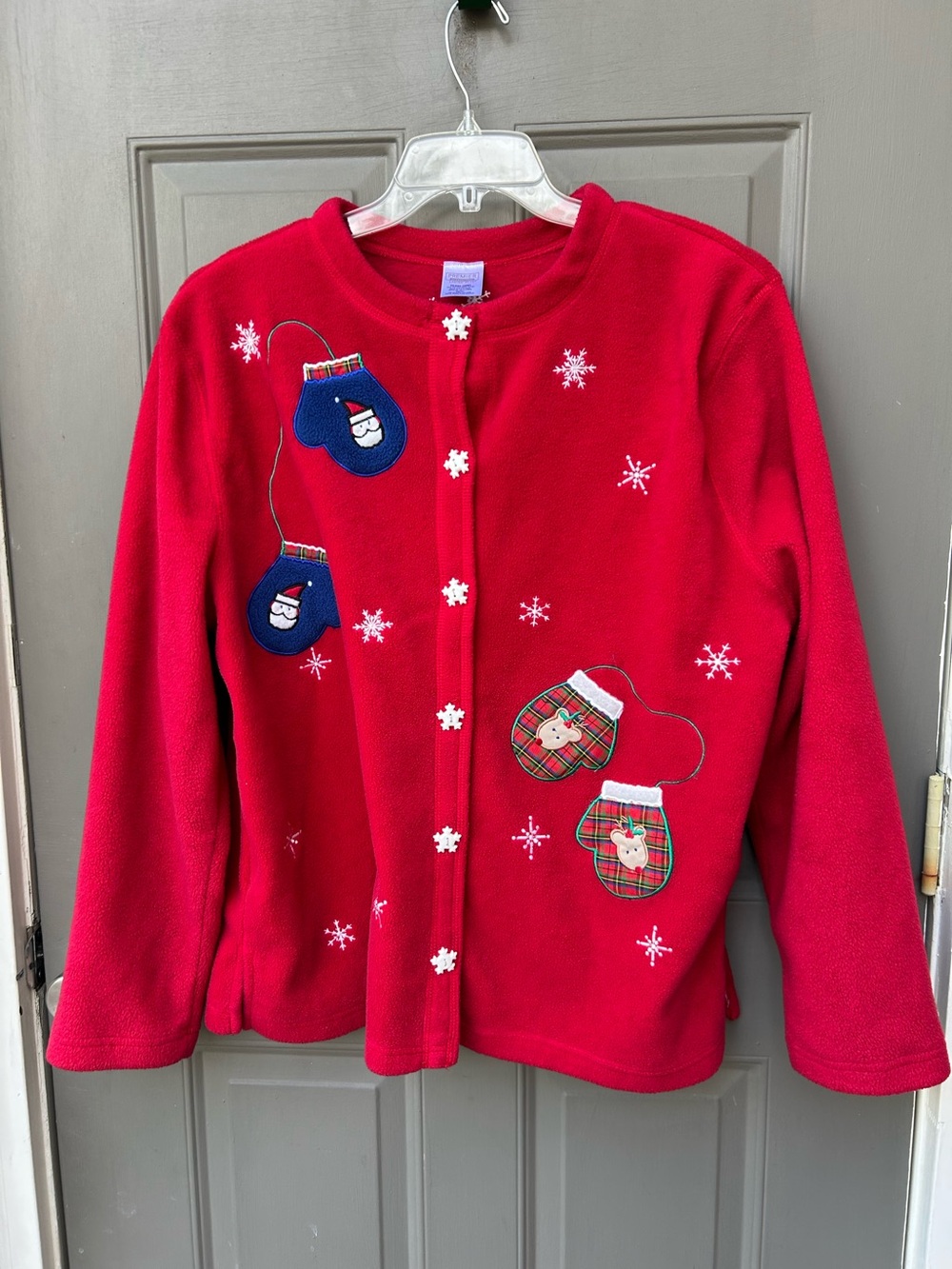Holiday Red Fleece Cardigan with Mitten Appliques